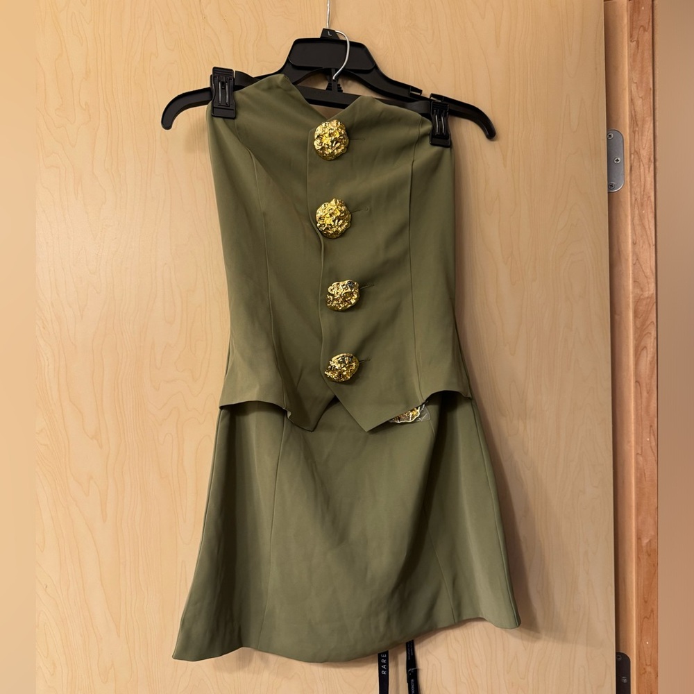 Rare London Khaki Waistcoat Dress with Gold Accent Buttons